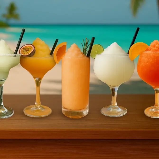 cinque frozen cocktail serviti al bar preparati con miscele in polvere Antico Eremo