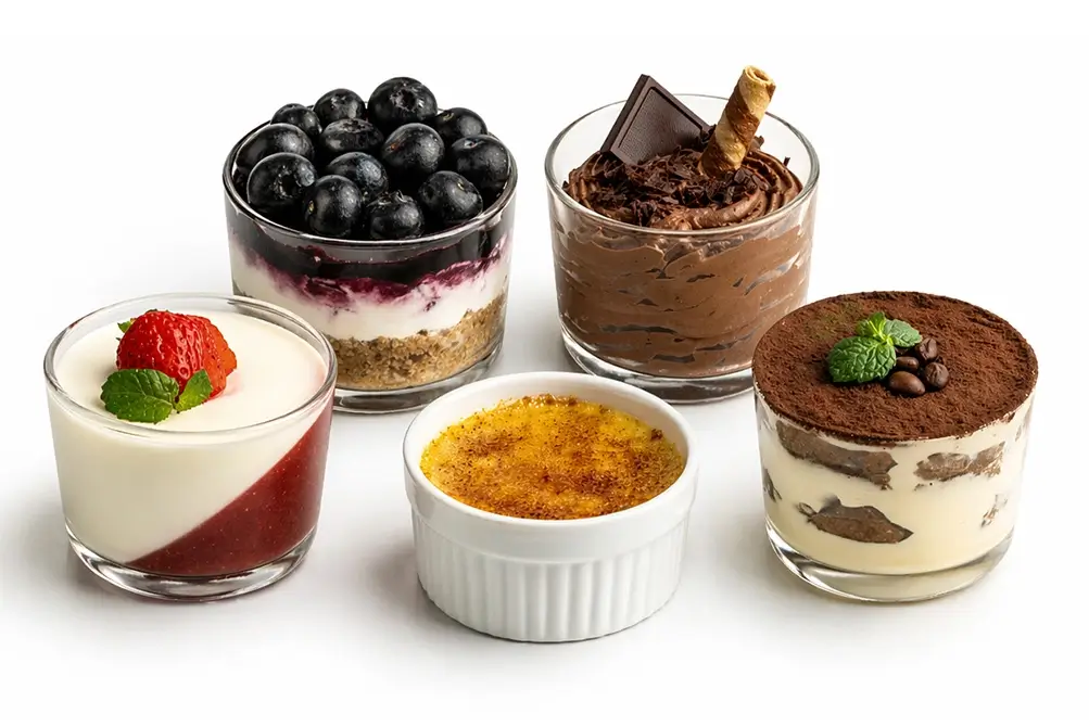 dessert al cucchiaio in coppa preparati con basi in polvere: cheesecake ai mirtilli, mousse al cioccolato, panna cotta con fragola, crema catalana e tiramisù